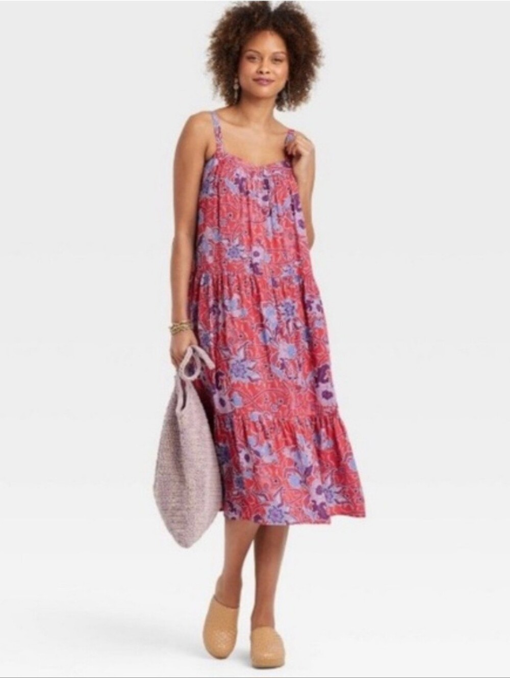 Knox Rose Sun Washed Red Floral Tiered Midi Dress Size L - Picture 2 of 9